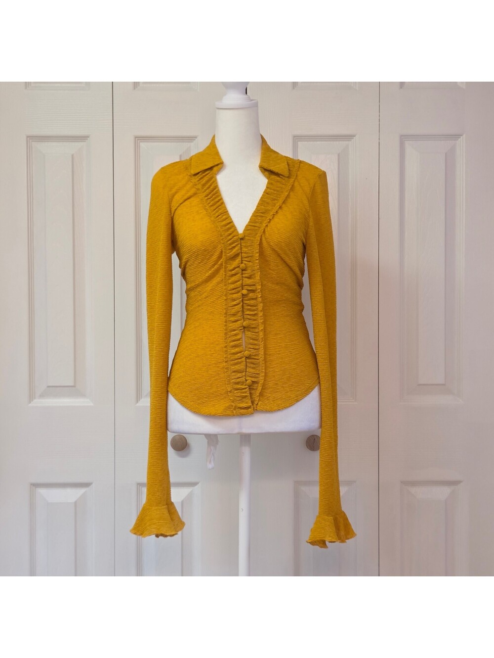 Mustard Yellow Fitted Button Up Fairy Blouse Top Y2K Boho Retro Anthropologie